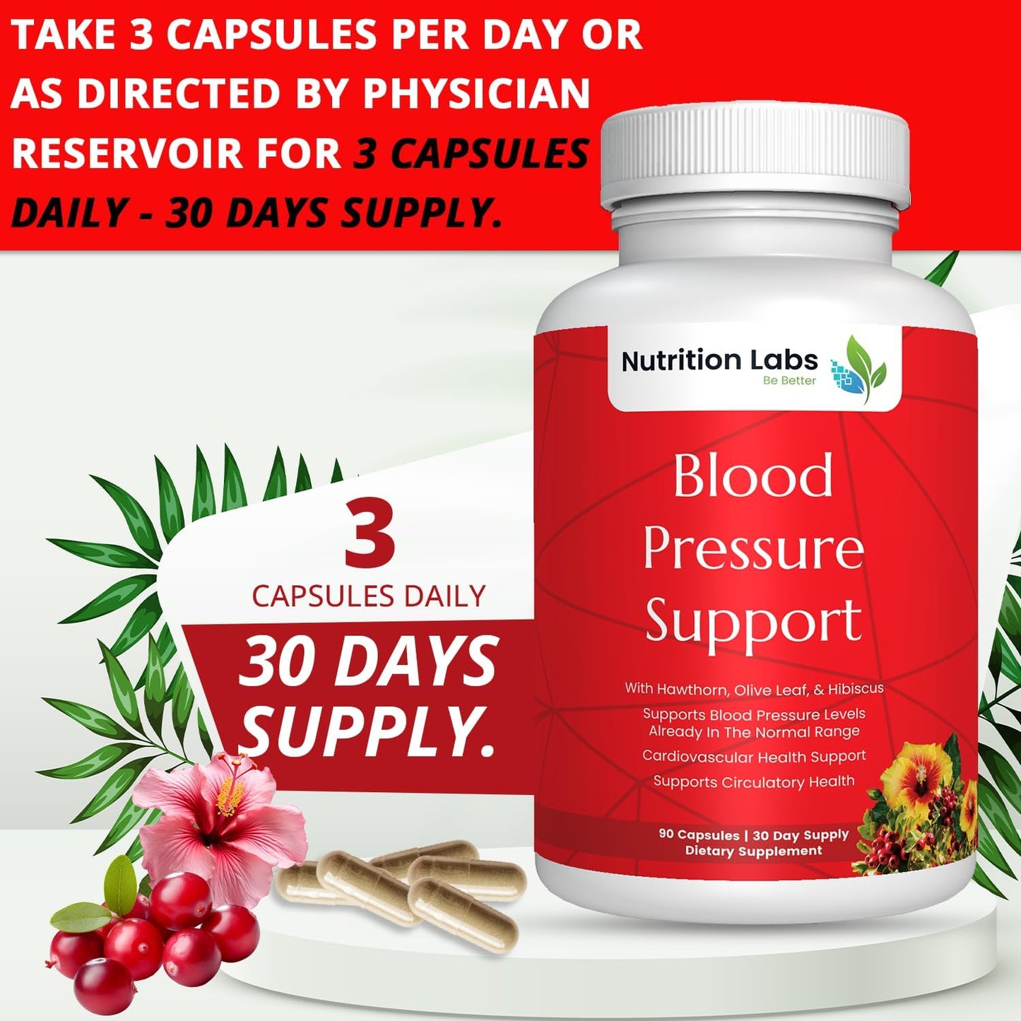 Blood Pressure Cardiovascular Supplement with Hawthorn, Hibiscus, Garlic, Vitamin B12, Folic Acid - Nitric Oxide Support - 90 CT