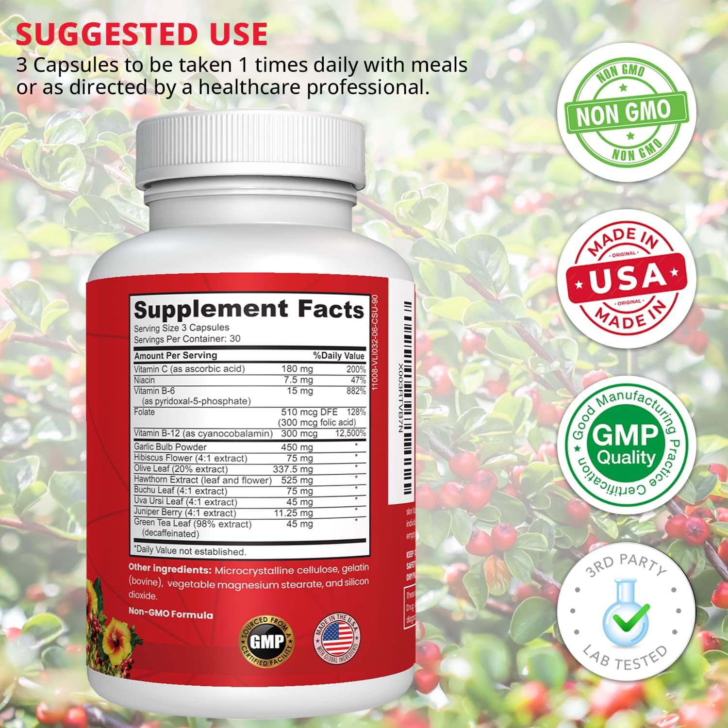 Blood Pressure Cardiovascular Supplement with Hawthorn, Hibiscus, Garlic, Vitamin B12, Folic Acid - Nitric Oxide Support - 90 CT