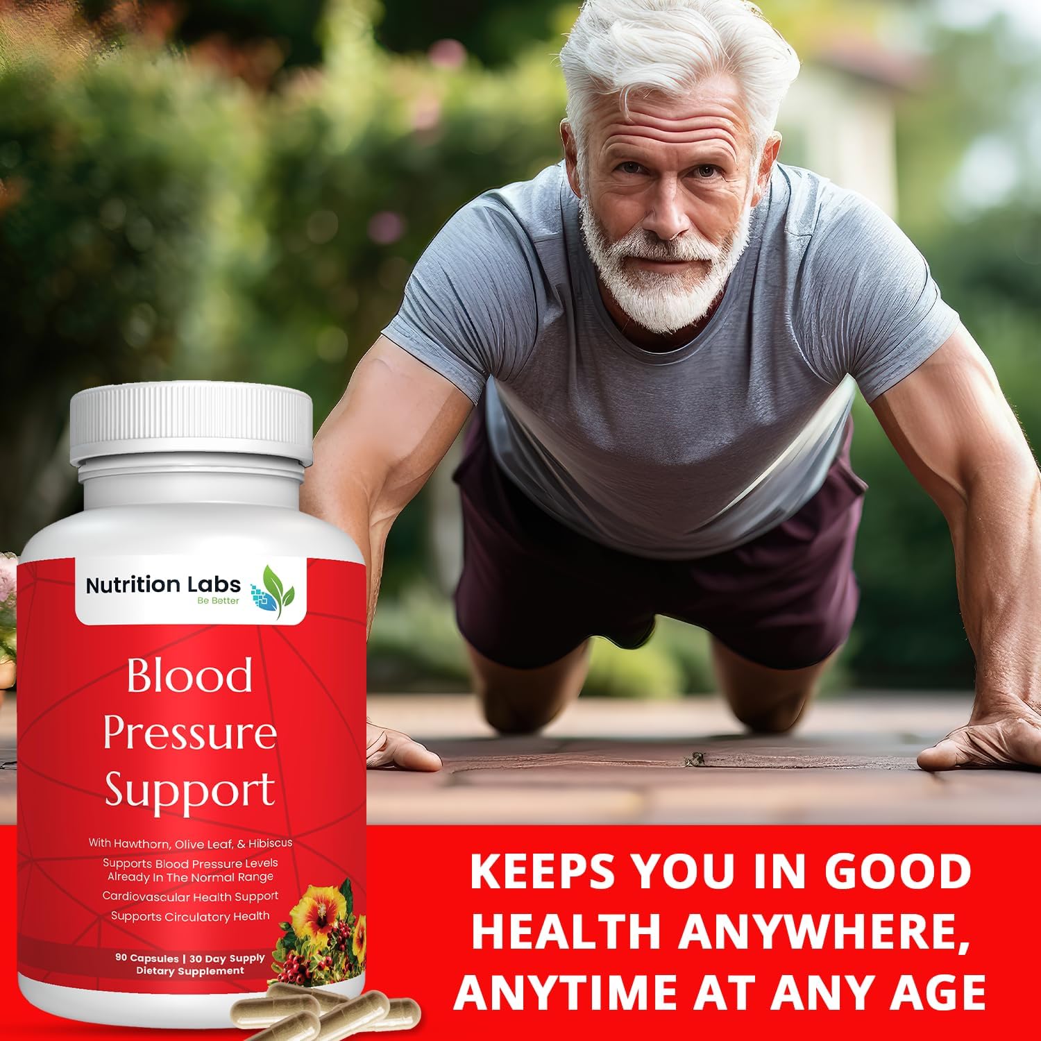 Blood Pressure Cardiovascular Supplement with Hawthorn, Hibiscus, Garlic, Vitamin B12, Folic Acid - Nitric Oxide Support - 90 CT