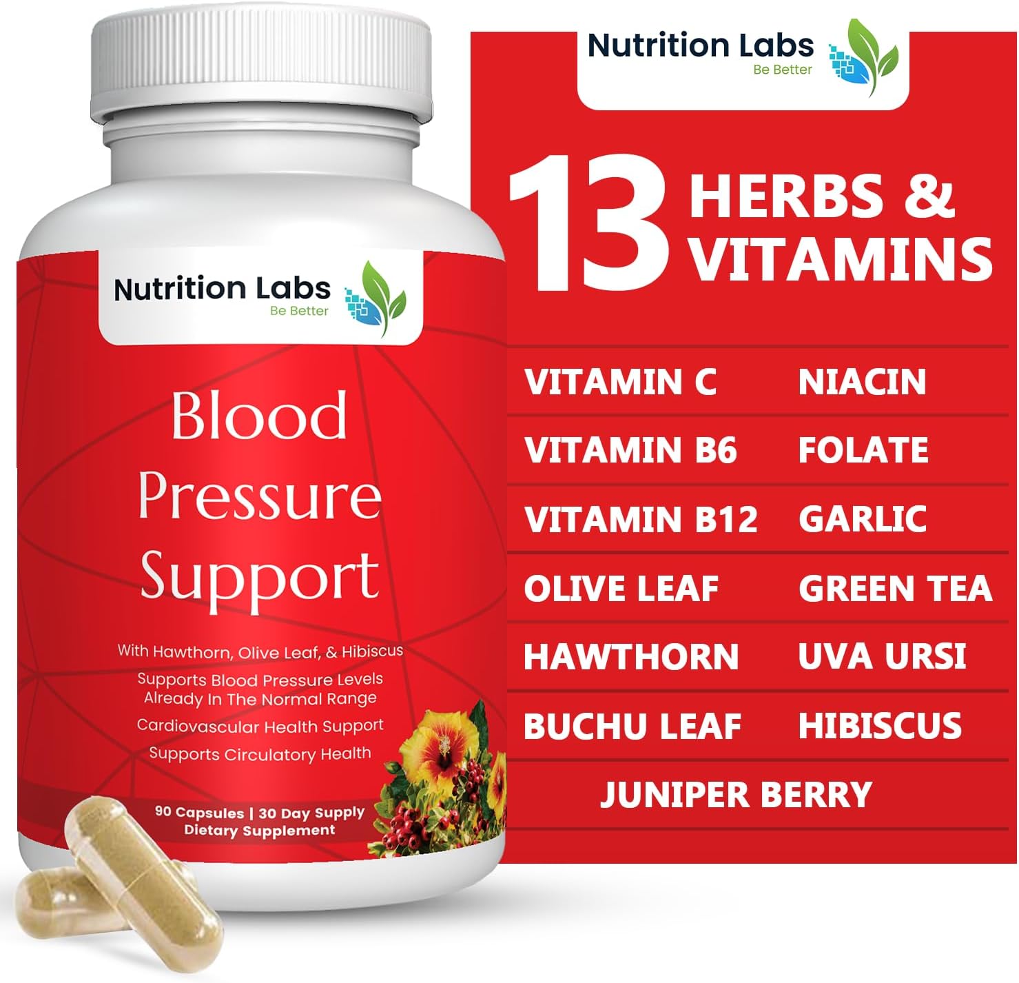 Blood Pressure Cardiovascular Supplement with Hawthorn, Hibiscus, Garlic, Vitamin B12, Folic Acid - Nitric Oxide Support - 90 CT