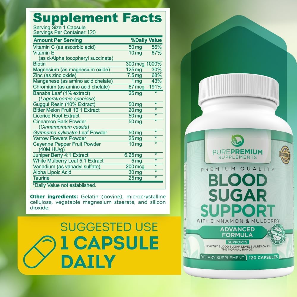 Blood Sugar Support Capsules - Cinnamon, Bitter Melon, Mulberry, Zinc, Biotin, Vitamin C - 120 Count - Maintain Healthy Blood Sugar Levels