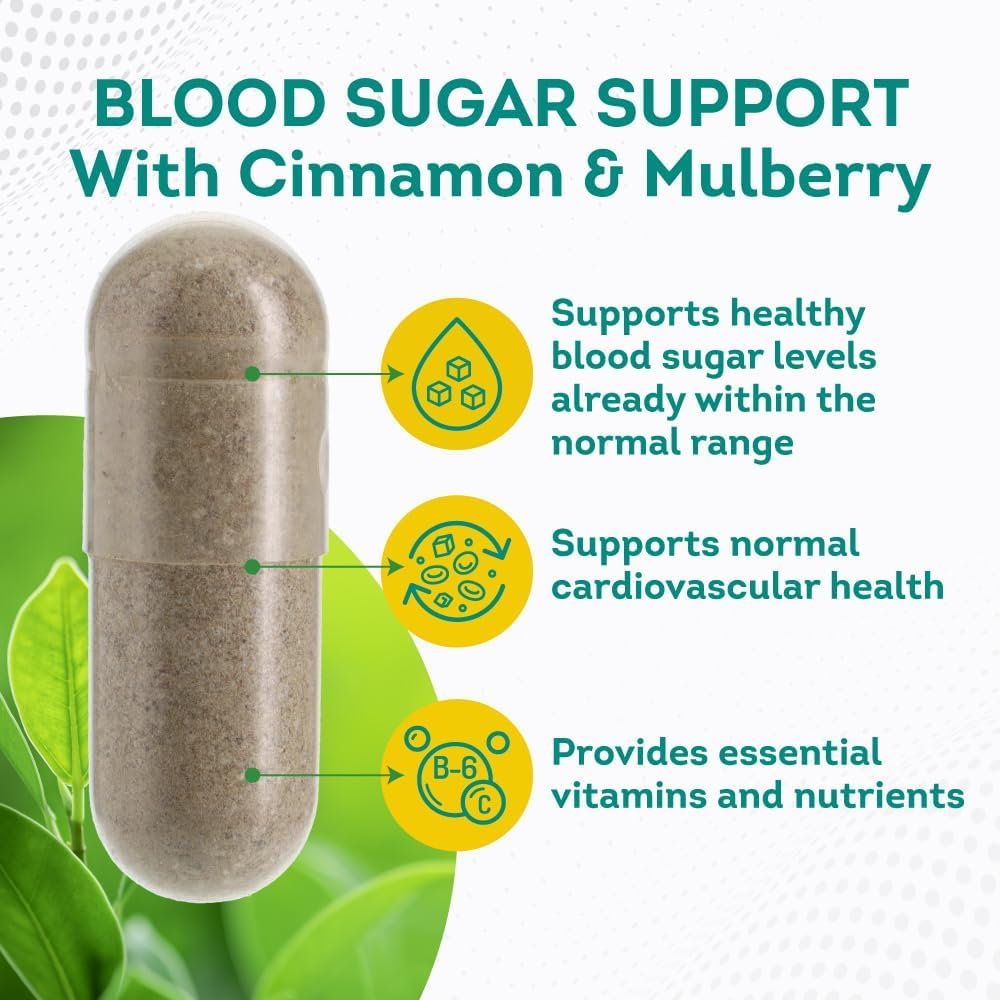 Blood Sugar Support Capsules - Cinnamon, Bitter Melon, Mulberry, Zinc, Biotin, Vitamin C - 120 Count - Maintain Healthy Blood Sugar Levels