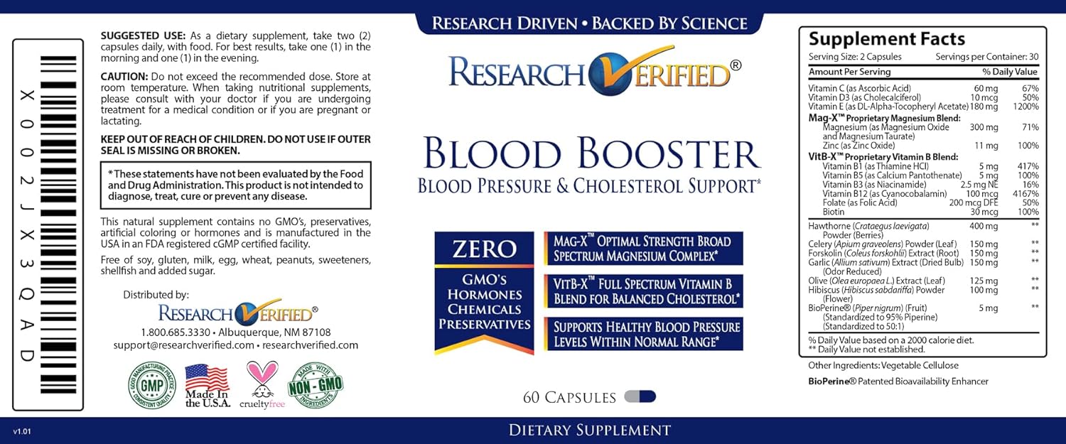 Blood Support Supplement with Hawthorn, Magnesium, Celery Seed Powder, BioPerine - 60 Capsules