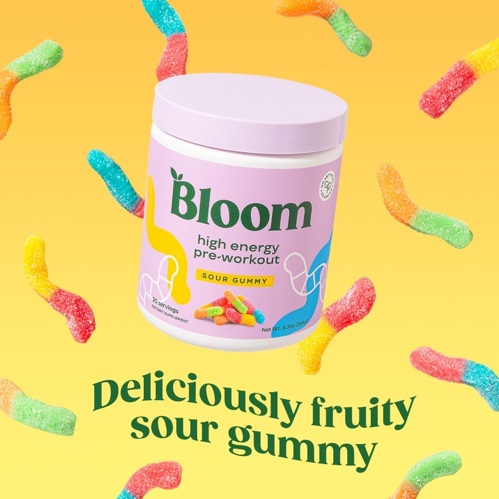 Bloom Nutrition High Energy Pre Workout Powder with Amino Energy, Beta Alanine, Ginseng, L Tyrosine, and Natural Caffeine from Green Tea Extract - Sugar Free & Keto Drink Mix (Sour Gummy)