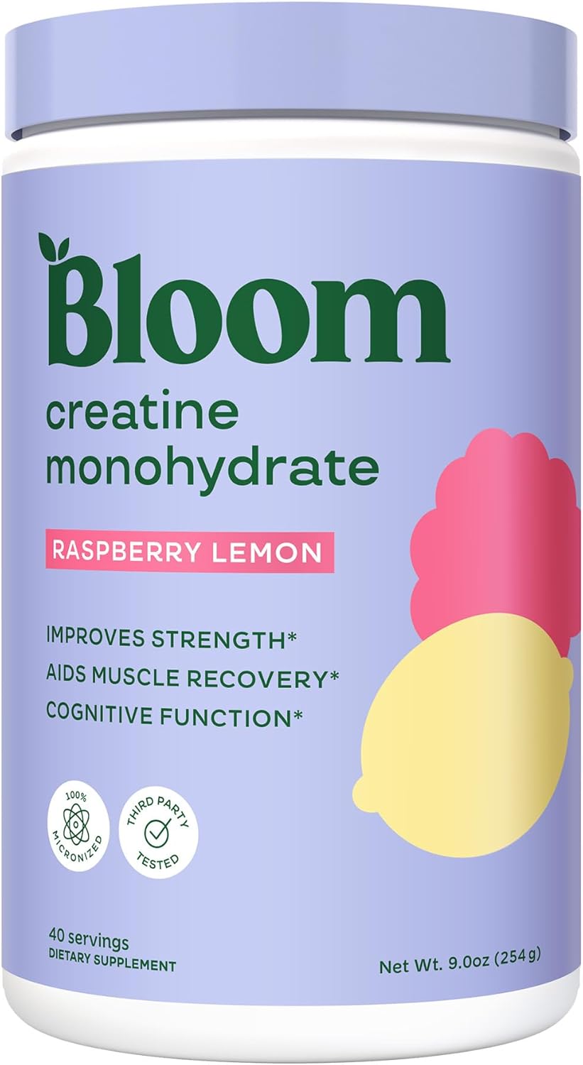 Bloom Nutrition Raspberry Lemon Creatine Monohydrate Powder - 40 Servings, 5g Micronized Creatine, Muscle Recovery & Strength Support, Gluten Free & Non GMO, Pre/Post Workout Supplement