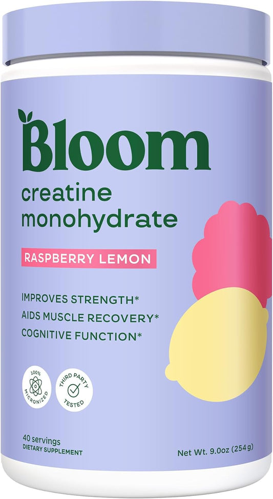 Bloom Nutrition Raspberry Lemon Creatine Monohydrate Powder - 40 Servings, 5g Micronized Creatine, Muscle Recovery & Strength Support, Gluten Free & Non GMO, Pre/Post Workout Supplement