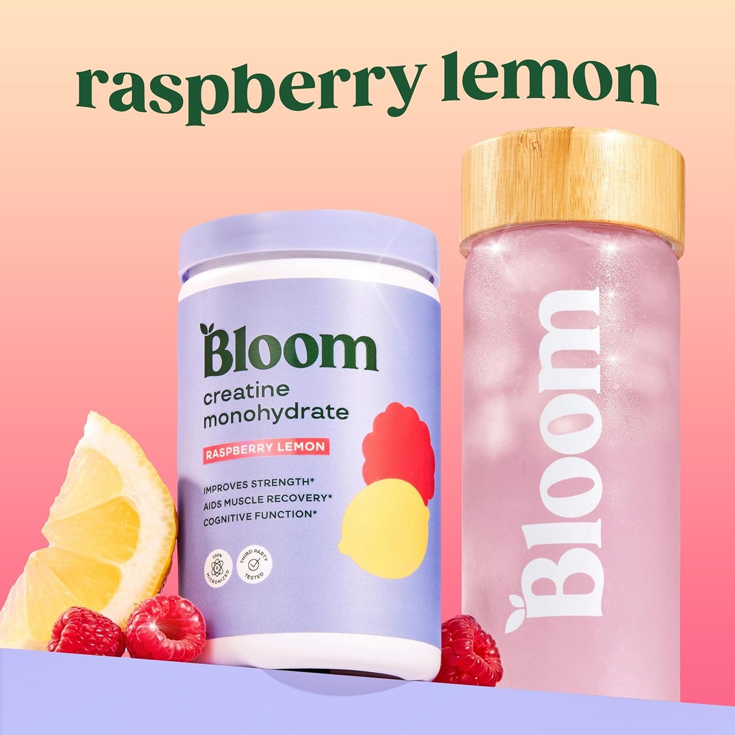 Bloom Nutrition Raspberry Lemon Creatine Monohydrate Powder - 40 Servings, 5g Micronized Creatine, Muscle Recovery & Strength Support, Gluten Free & Non GMO, Pre/Post Workout Supplement