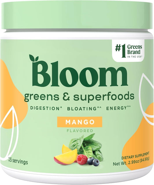 Bloom Nutrition Superfood Greens Powder with Digestive Enzymes, Probiotics, and Prebiotics - Gut Health and Bloating Relief for Women - Chlorella - 15 Servings - Mango Flavor