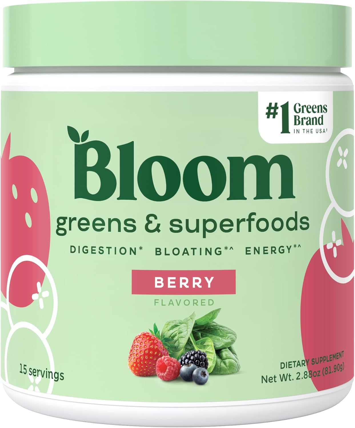 Bloom Nutrition Superfood Greens Powder with Digestive Enzymes, Probiotics, and Prebiotics - Gut Health and Bloating Relief for Women - Chlorella, 15 Servings, Berry Flavor
