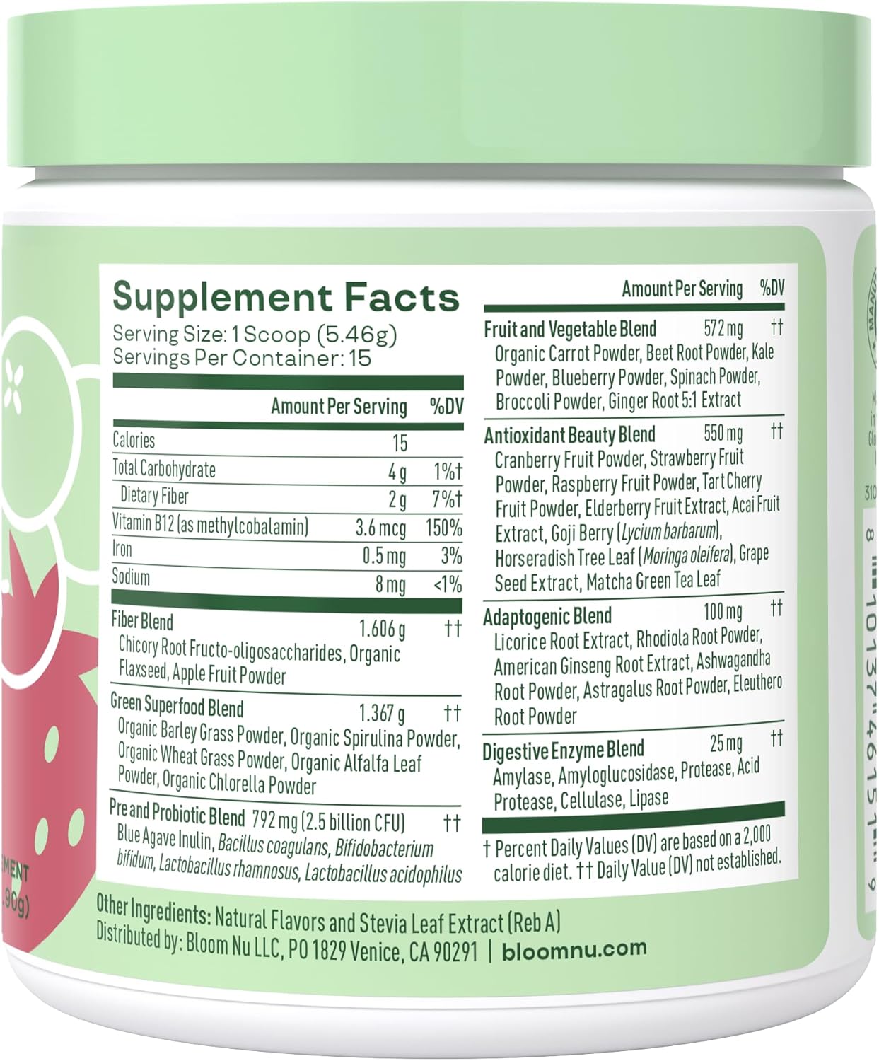 Bloom Nutrition Superfood Greens Powder with Digestive Enzymes, Probiotics, and Prebiotics - Gut Health and Bloating Relief for Women - Chlorella, 15 Servings, Berry Flavor