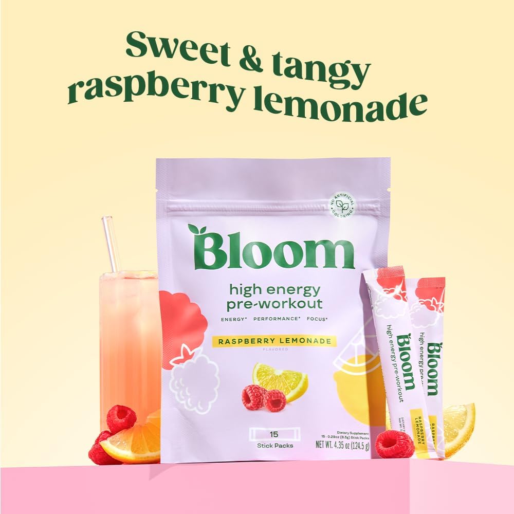 Bloom Nutrition Women's High Energy Pre Workout Powder - Natural Caffeine from Green Tea Extract, Beta Alanine, Ginseng, L Tyrosine, Sugar-Free, Keto Stick Packs - Raspberry Lemonade Flavor