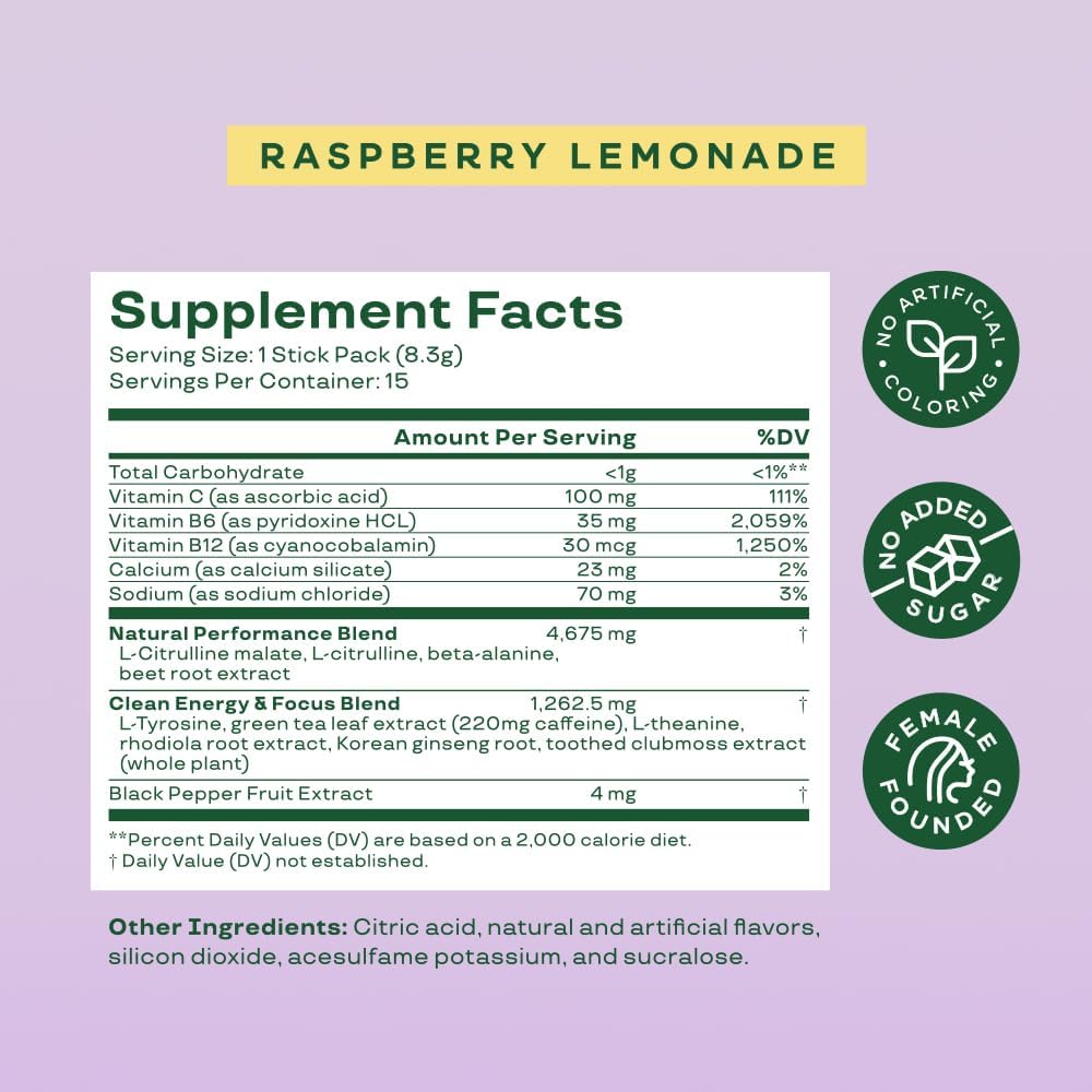 Bloom Nutrition Women's High Energy Pre Workout Powder - Natural Caffeine from Green Tea Extract, Beta Alanine, Ginseng, L Tyrosine, Sugar-Free, Keto Stick Packs - Raspberry Lemonade Flavor