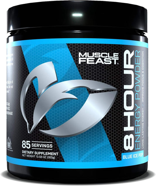 Blue Ice Pop Muscle Feast 8 Hour Energy Pre-Workout, 300g - Keto-Friendly, Sugar-Free, Zero Calorie