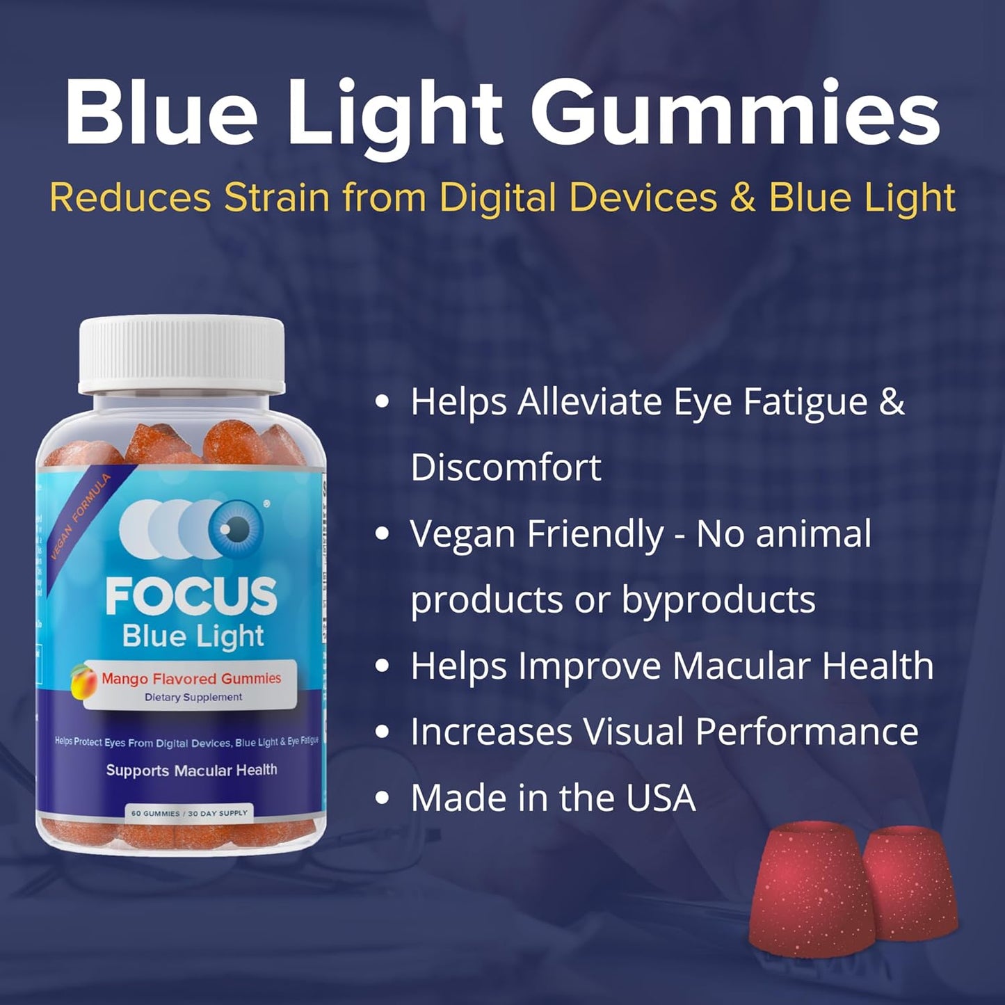 Blue Light Protection Gummy Supplements with Lutein and Zeaxanthin - 60 Count - Mango Flavor - 30 Day Supply