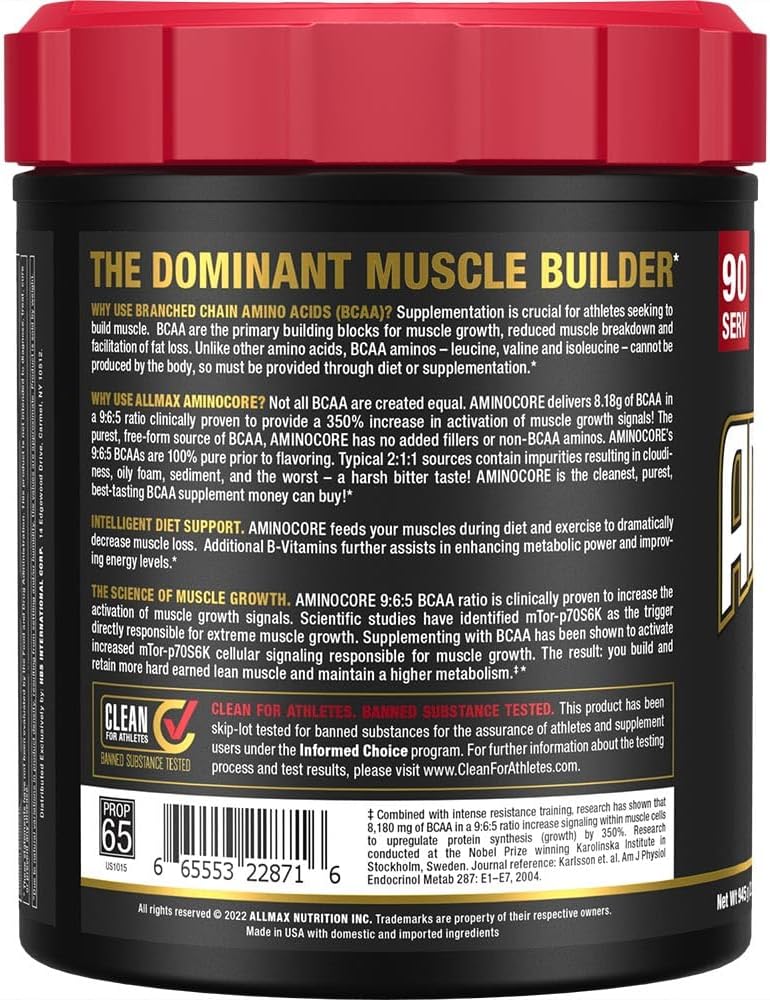 Blue Raspberry BCAA Powder with 8.18g BCAAs and B Vitamins - 945g - Sugar Free - 90 Servings by ALLMAX Nutrition