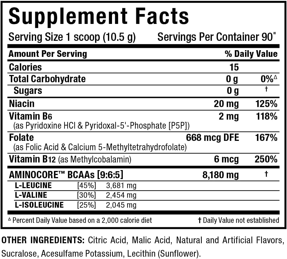 Blue Raspberry BCAA Powder with 8.18g BCAAs and B Vitamins - 945g - Sugar Free - 90 Servings by ALLMAX Nutrition