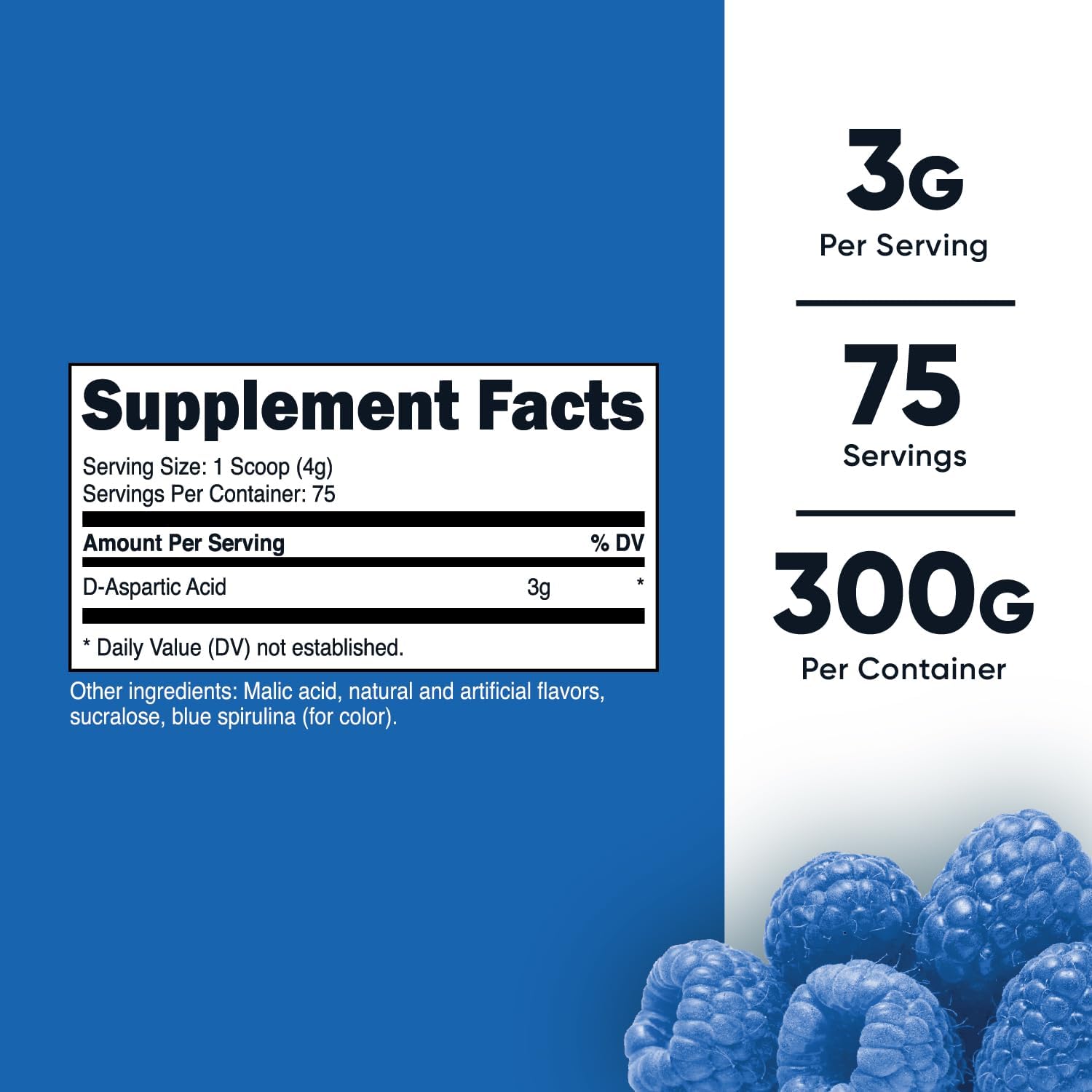 Blue Raspberry Flavored D-Aspartic Acid Powder - 300G Supplement by Nutricost