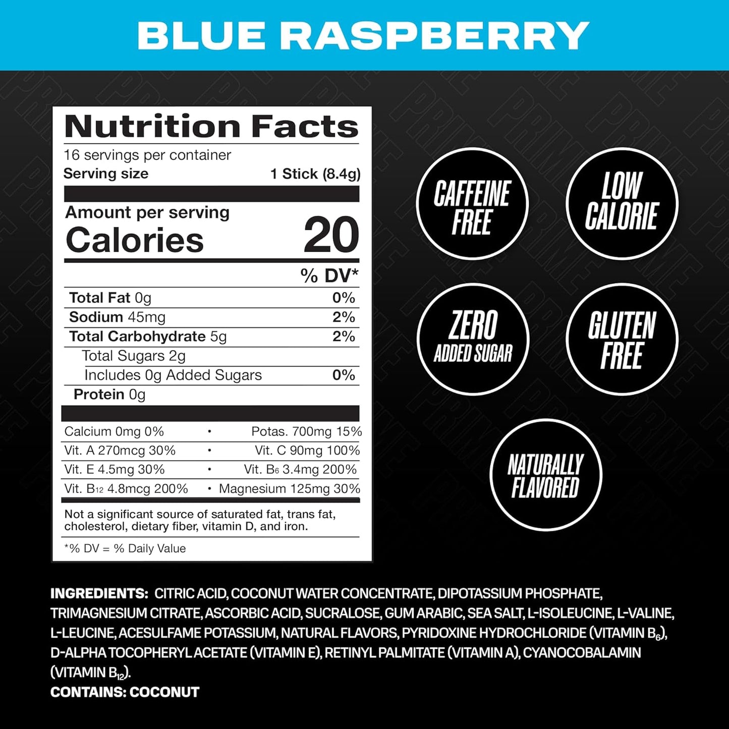 Blue Raspberry Hydration Powder Sticks with BCAAs, B Vitamins, and Antioxidants - 16 Pack, Caffeine-Free and Vegan