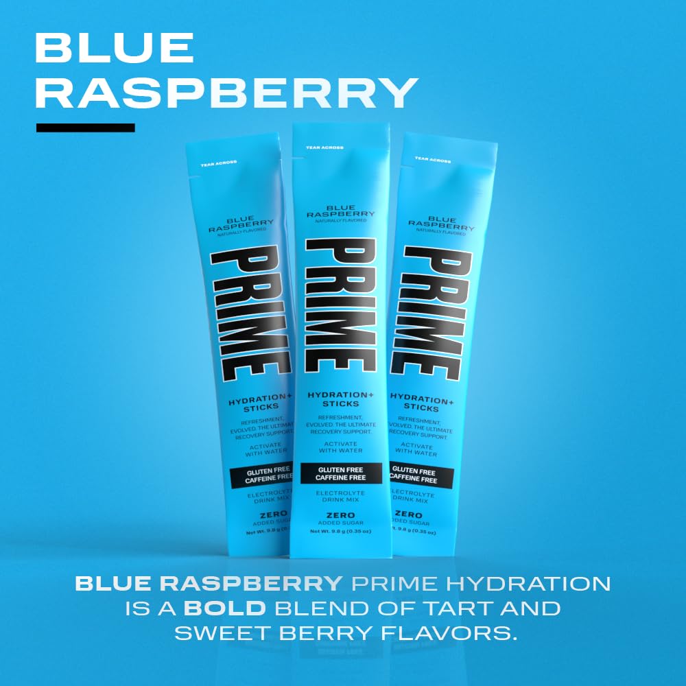 Blue Raspberry Hydration Powder Sticks with BCAAs, B Vitamins, and Antioxidants - 16 Pack, Caffeine-Free and Vegan