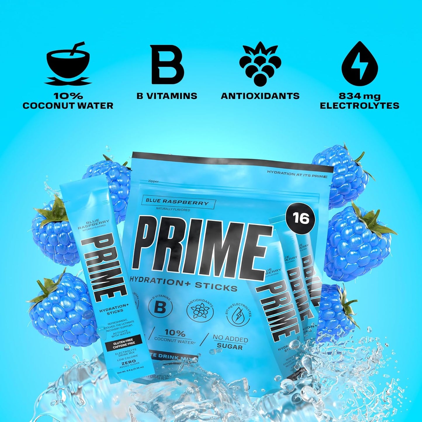 Blue Raspberry Hydration Powder Sticks with BCAAs, B Vitamins, and Antioxidants - 16 Pack, Caffeine-Free and Vegan