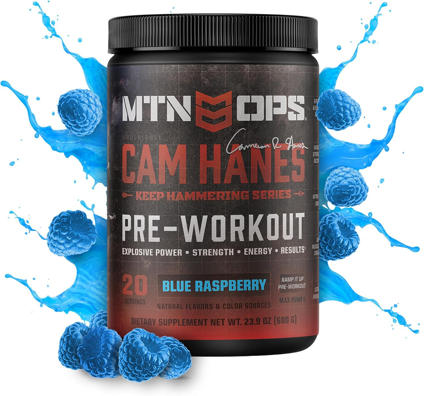 Blue Raspberry MTN OPS Pre-Workout Powder Energy Drink, Cameron Hanes Keep Hammering Series, 20 Servings, 23.2oz