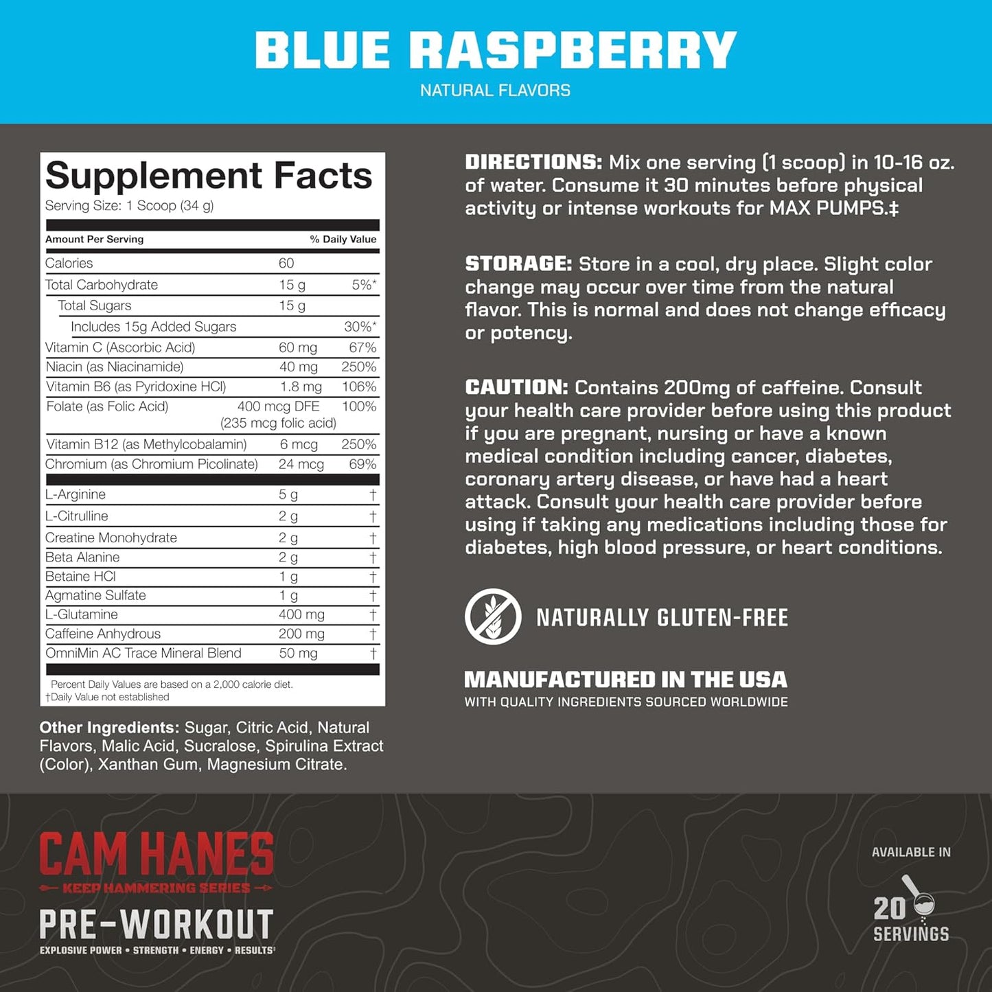 Blue Raspberry MTN OPS Pre-Workout Powder Energy Drink, Cameron Hanes Keep Hammering Series, 20 Servings, 23.2oz