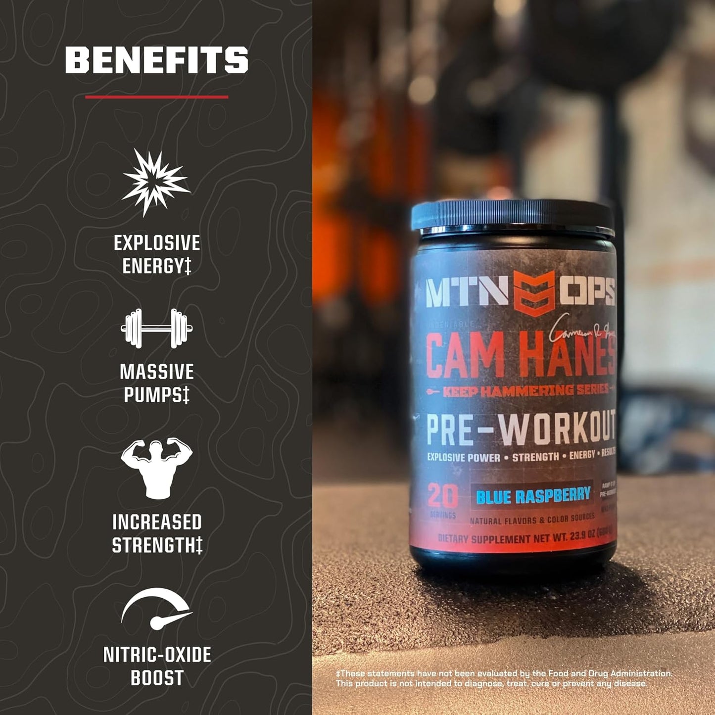 Blue Raspberry MTN OPS Pre-Workout Powder Energy Drink, Cameron Hanes Keep Hammering Series, 20 Servings, 23.2oz