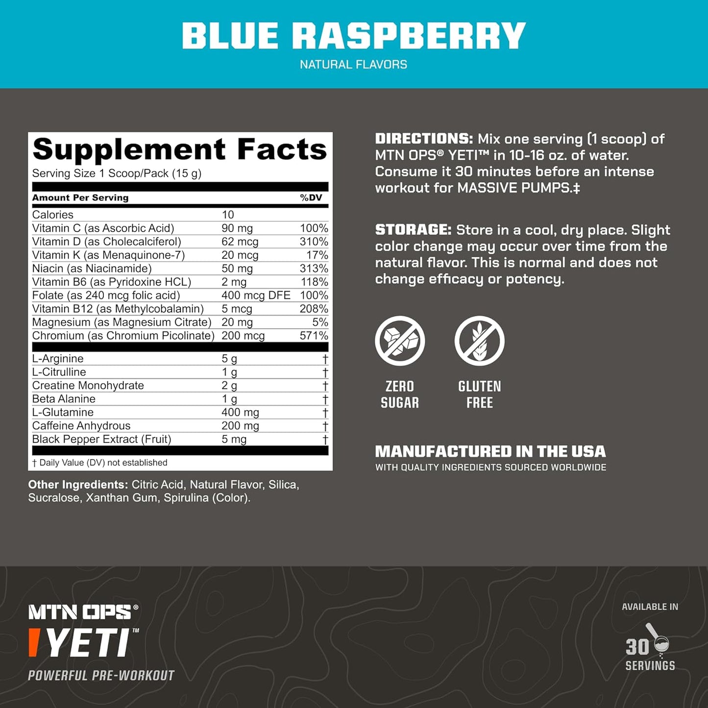 Blue Raspberry MTN OPS Yeti Monster Pre-Workout Powder Energy Drink - 30 Servings