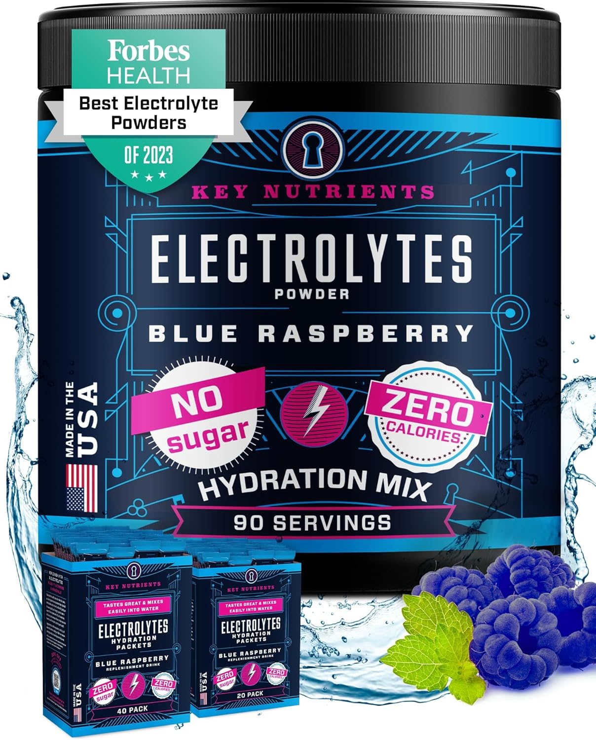 Blue Raspberry Multivitamin Electrolyte Powder with Key Nutrients for Endurance & Hydration - Sugar-Free Energy Supplement - 90 Servings, Made in USA