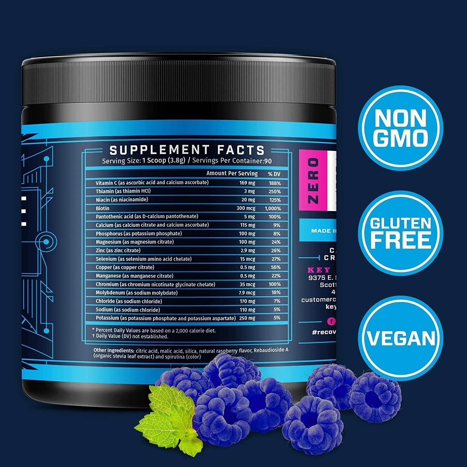 Blue Raspberry Multivitamin Electrolyte Powder with Key Nutrients for Endurance & Hydration - Sugar-Free Energy Supplement - 90 Servings, Made in USA