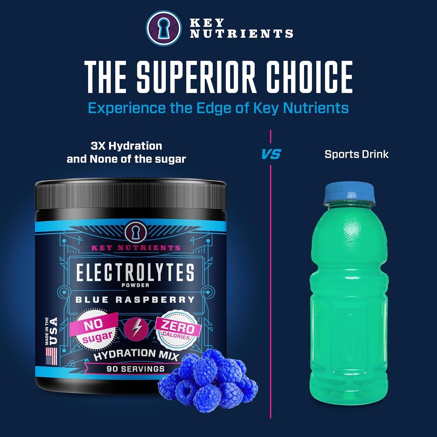 Blue Raspberry Multivitamin Electrolyte Powder with Key Nutrients for Endurance & Hydration - Sugar-Free Energy Supplement - 90 Servings, Made in USA