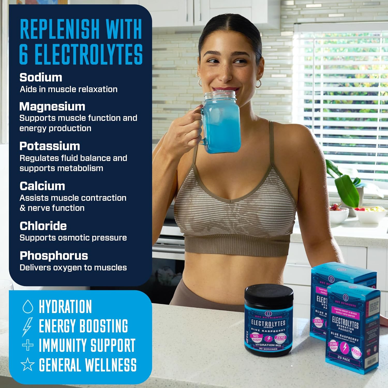 Blue Raspberry Multivitamin Electrolyte Powder with Key Nutrients for Endurance & Hydration - Sugar-Free Energy Supplement - 90 Servings, Made in USA
