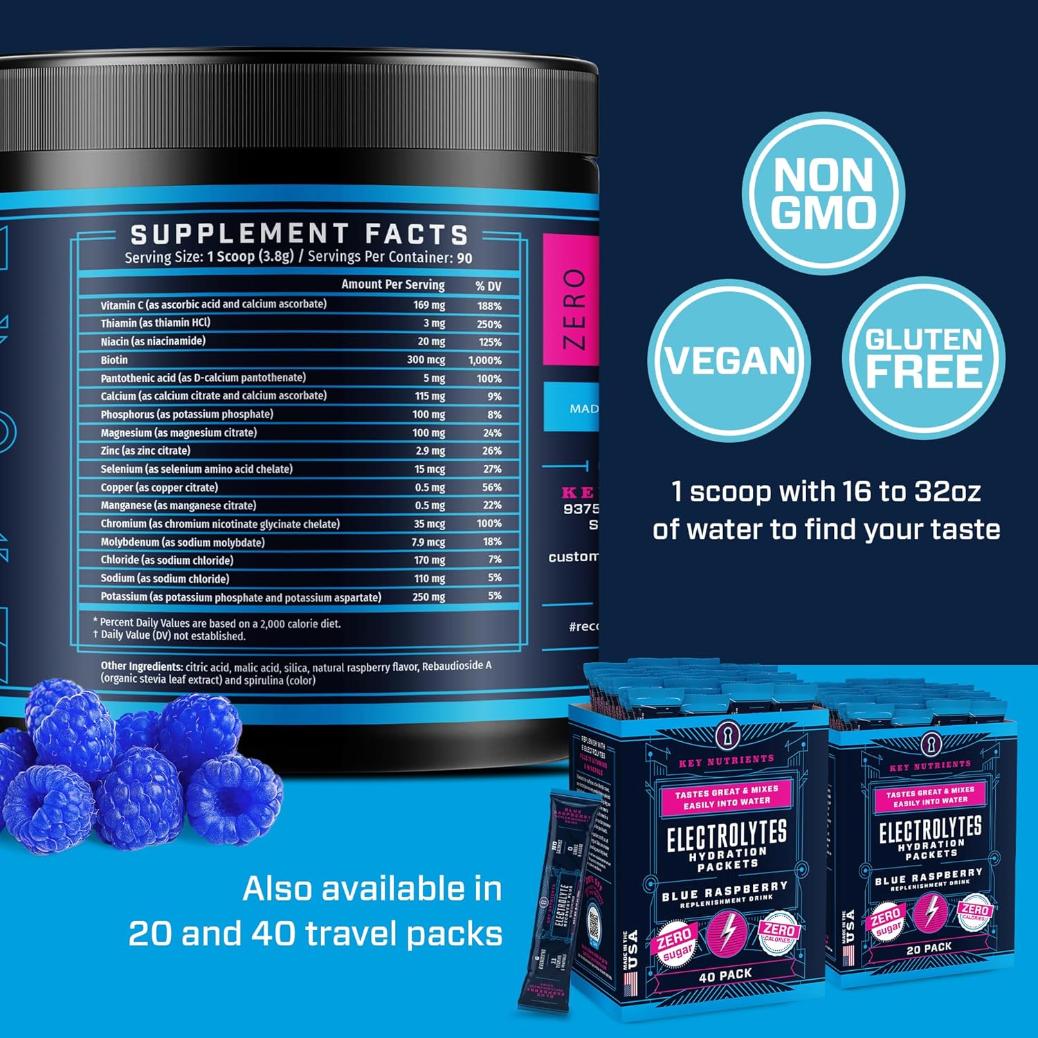 Blue Raspberry Multivitamin Electrolyte Powder with Key Nutrients for Endurance & Hydration - Sugar-Free Energy Supplement - 90 Servings, Made in USA