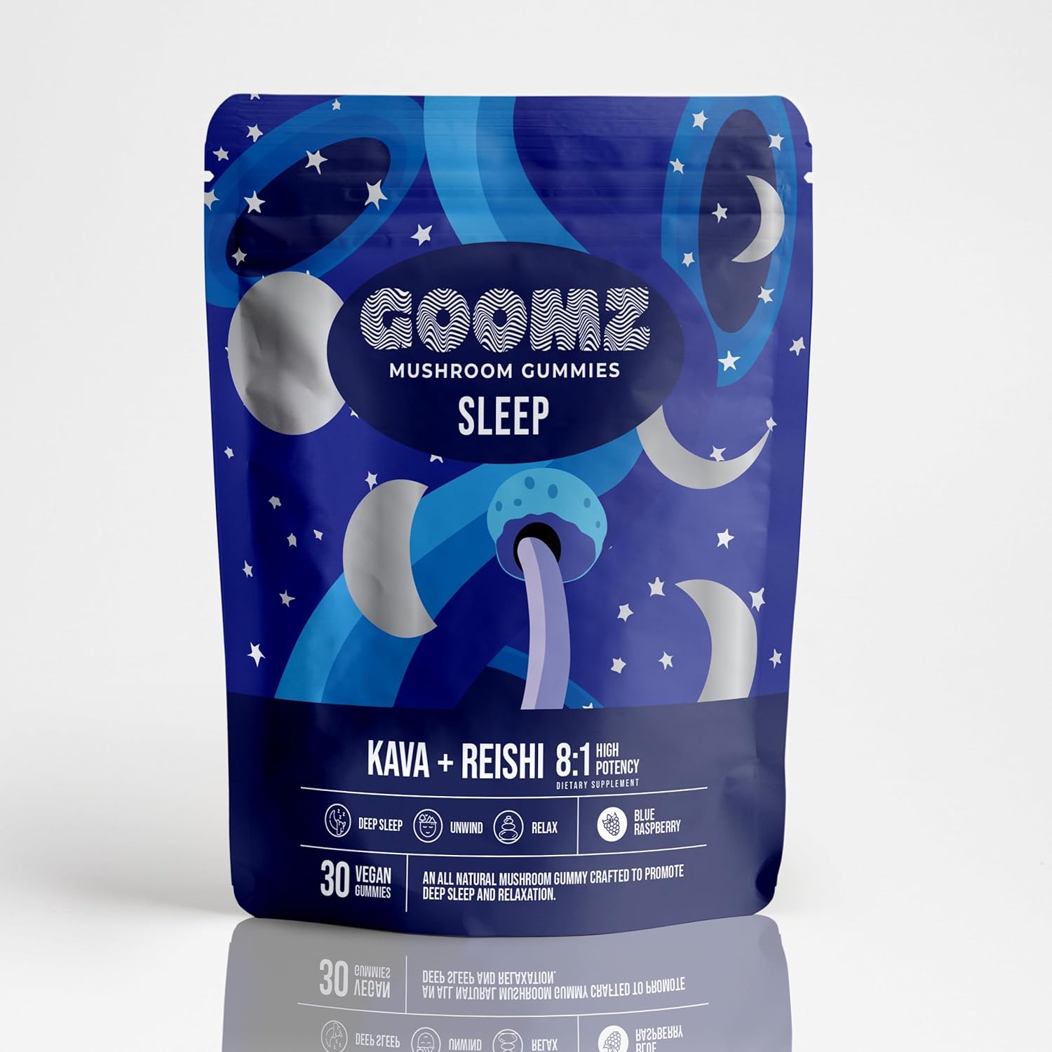 Blue Raspberry Mushroom Sleep Gummies with Kava, Reishi, & Magnesium - Non-GMO, Vegan, Gluten-Free Natural Sleep Aid for Adults (30 Count)
