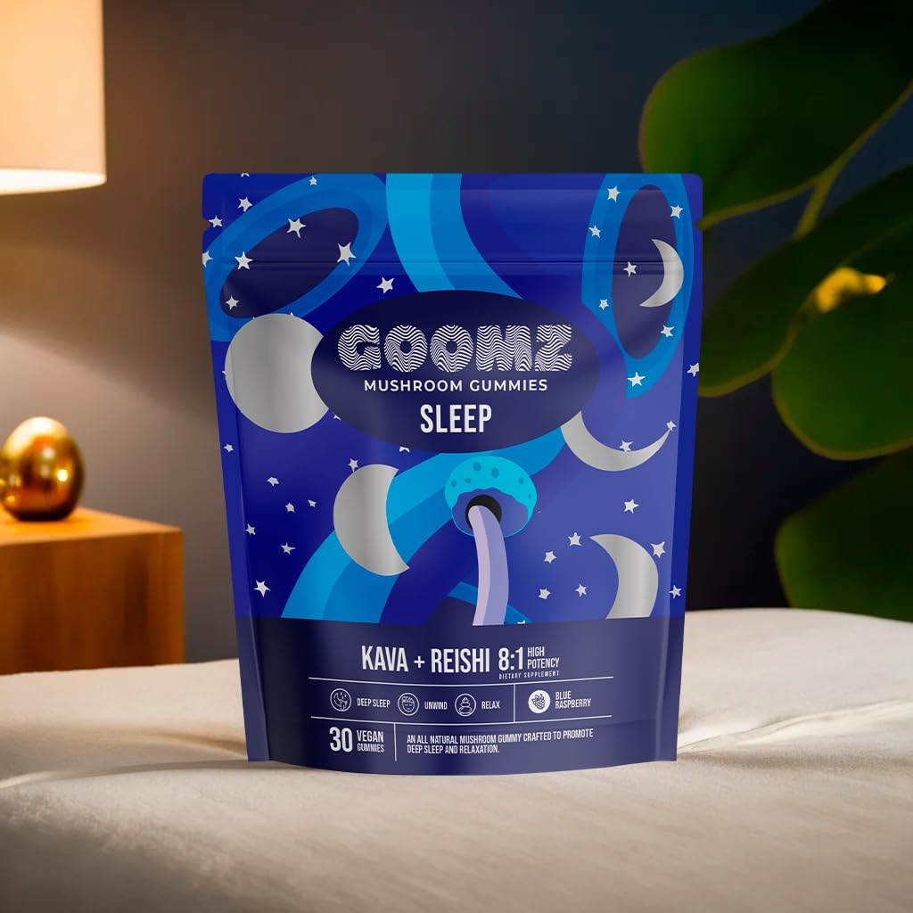 Blue Raspberry Mushroom Sleep Gummies with Kava, Reishi, & Magnesium - Non-GMO, Vegan, Gluten-Free Natural Sleep Aid for Adults (30 Count)