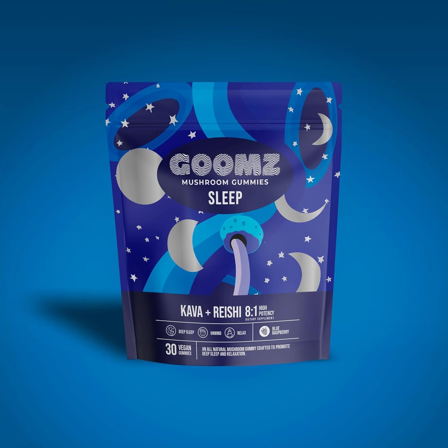 Blue Raspberry Mushroom Sleep Gummies with Kava, Reishi, & Magnesium - Non-GMO, Vegan, Gluten-Free Natural Sleep Aid for Adults (30 Count)