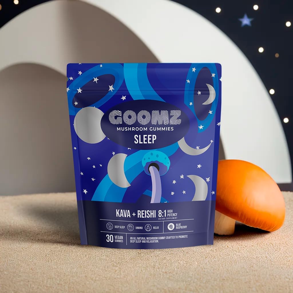 Blue Raspberry Mushroom Sleep Gummies with Kava, Reishi, & Magnesium - Non-GMO, Vegan, Gluten-Free Natural Sleep Aid for Adults (30 Count)