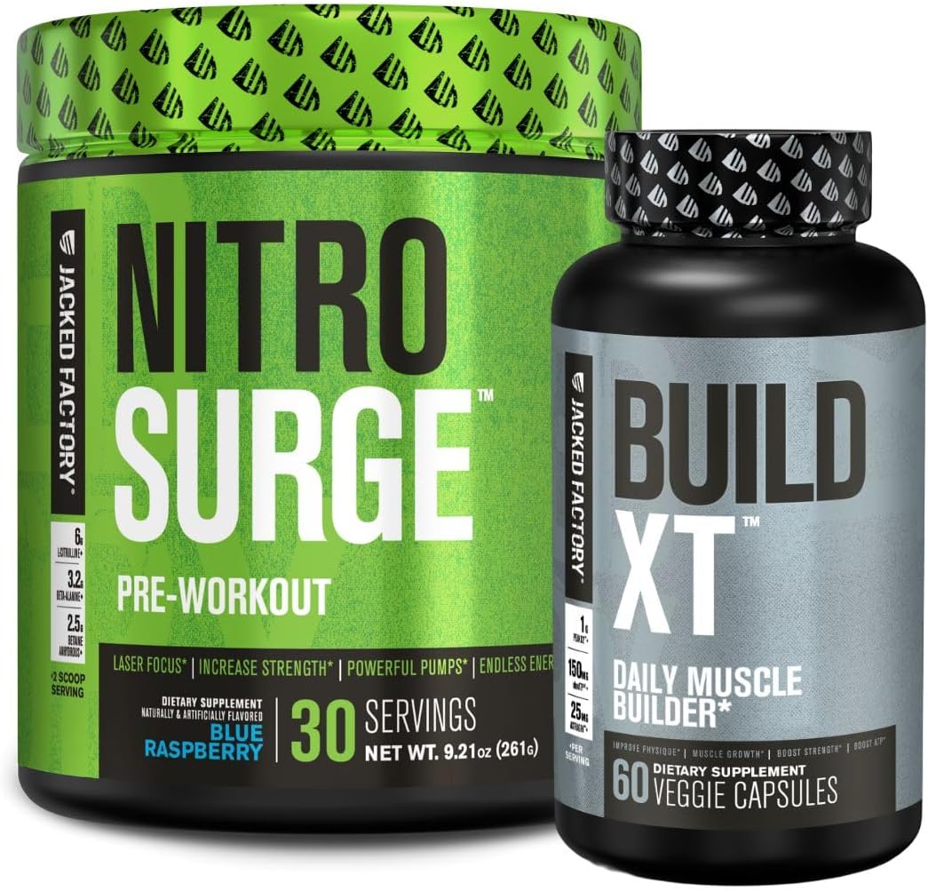 Blue Raspberry Nitrosurge Pre-Workout & Build XT Muscle Building Bundle - For Men and Women by Jacked Factory