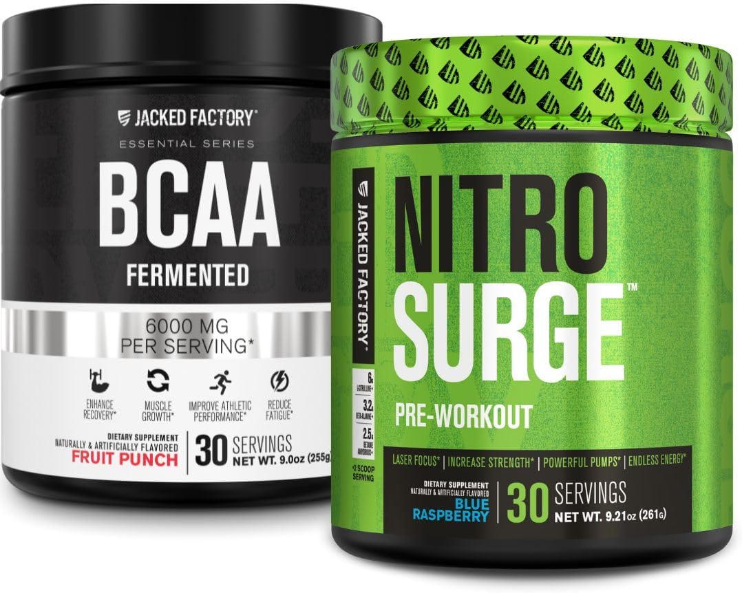 Blue Raspberry Nitrosurge Pre-Workout & Fruit Punch BCAA Combo for Muscle Building and Recovery by Jacked Factory