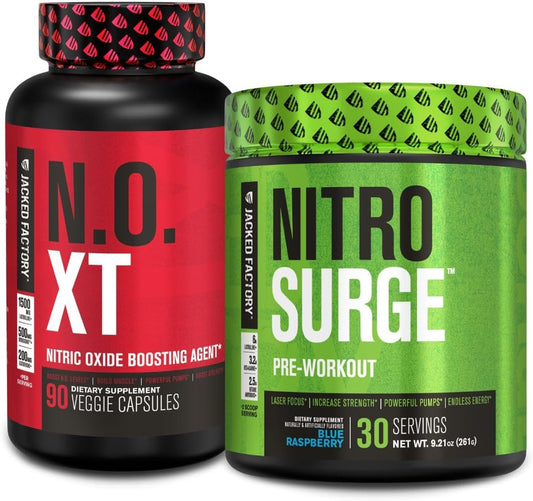Blue Raspberry Nitrosurge Pre-Workout & N.O. XT Nitric Oxide Booster for Men & Women by Jacked Factory