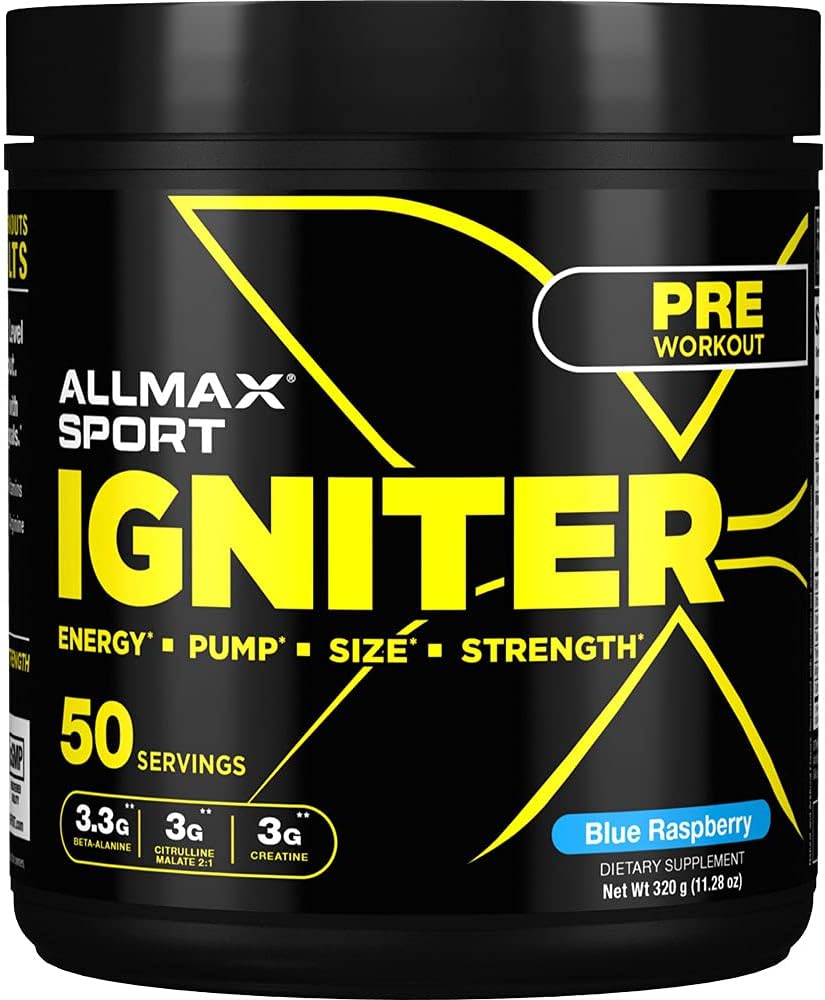 Blue Raspberry Pre-Workout Formula with Caffeine, Creatine & Beta Alanine - 50 Servings - ALLMAX IGNITER Sport by ALLMAX Nutrition