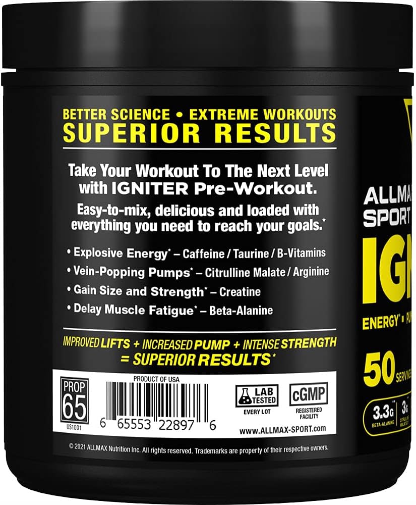 Blue Raspberry Pre-Workout Formula with Caffeine, Creatine & Beta Alanine - 50 Servings - ALLMAX IGNITER Sport by ALLMAX Nutrition