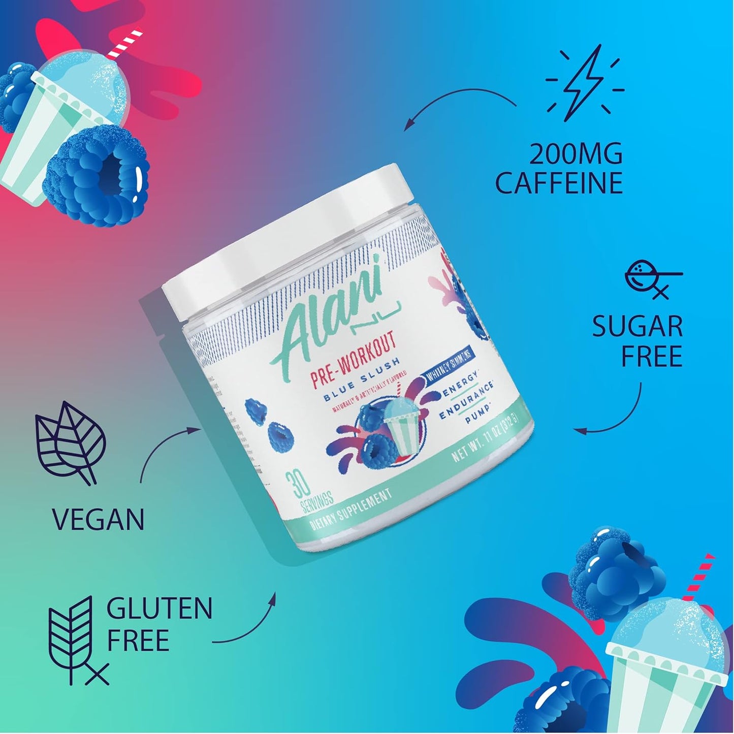 Blue Slush Pre Workout Powder by Alani Nu - Boost Energy, Endurance, and Focus with Sugar-Free Formula containing 200mg Caffeine, L-Theanine, Beta-Alanine, and Citrulline - 30 Servings