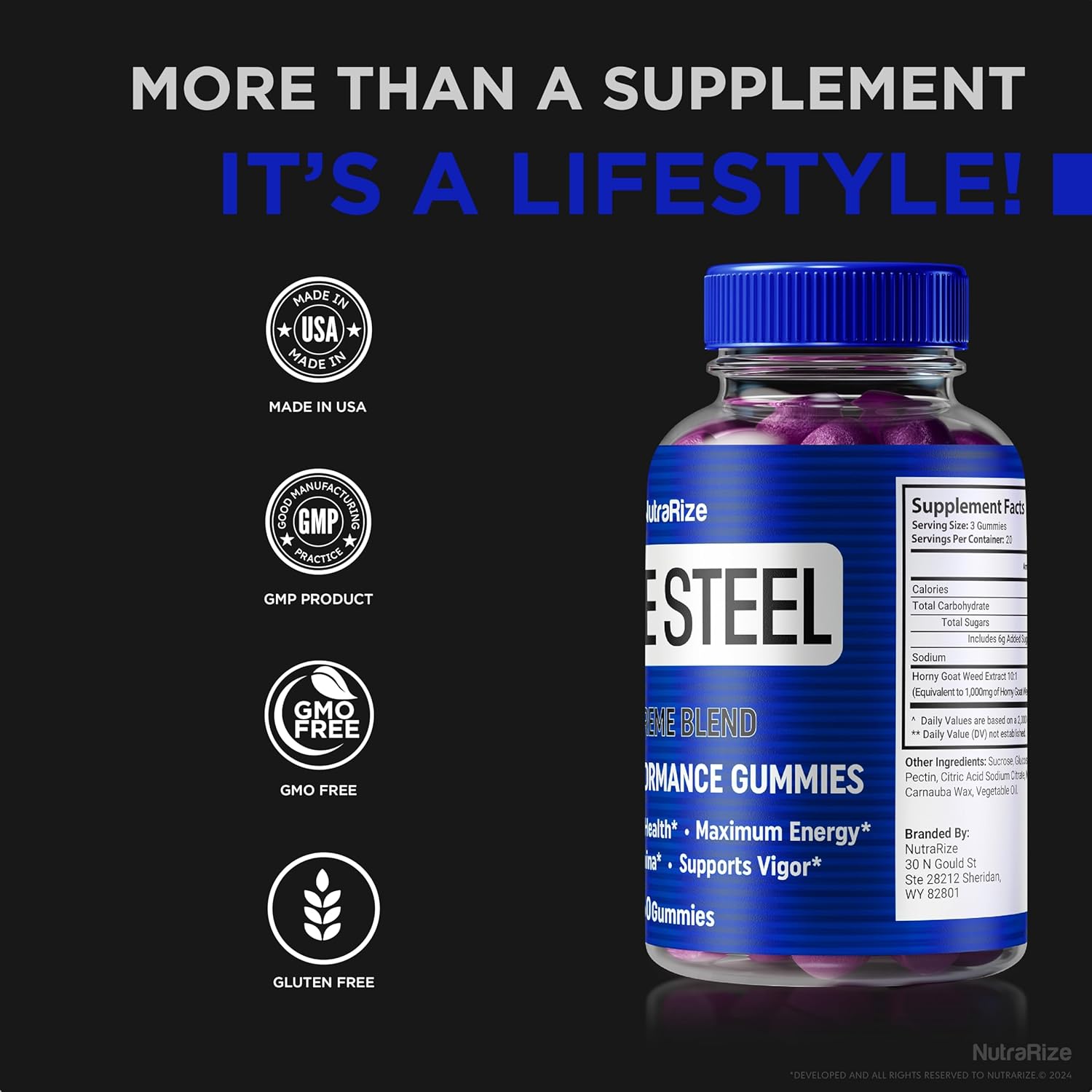 Blue Steel Men's Daily Nutrition Gummies - Boost Confidence & Health - All Natural Peak Performance Support - Official Male Supplement