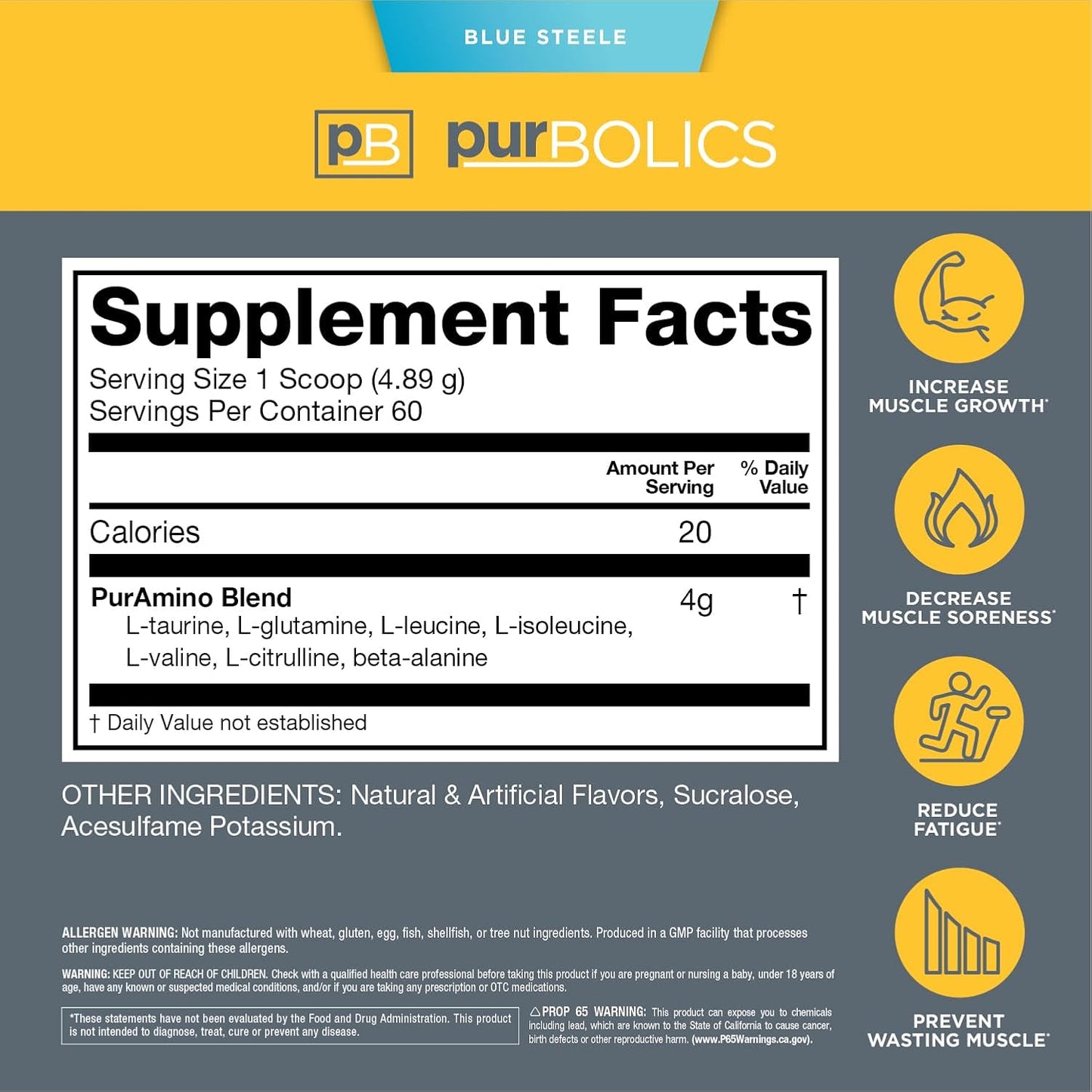 Blue Steele Purbolics Aminos: 4g Free-Form Amino Acids, Beta-Alanine, 0 Sugar, 60 Servings