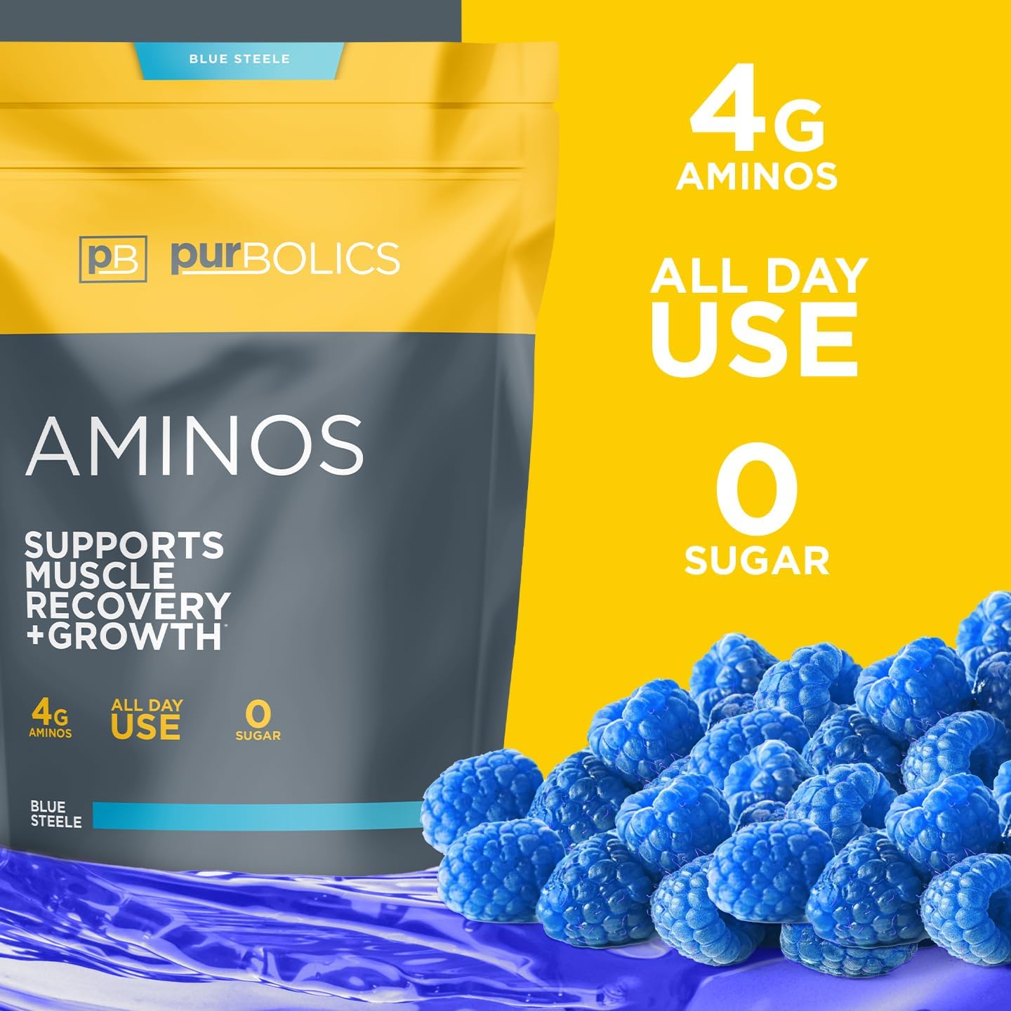 Blue Steele Purbolics Aminos: 4g Free-Form Amino Acids, Beta-Alanine, 0 Sugar, 60 Servings