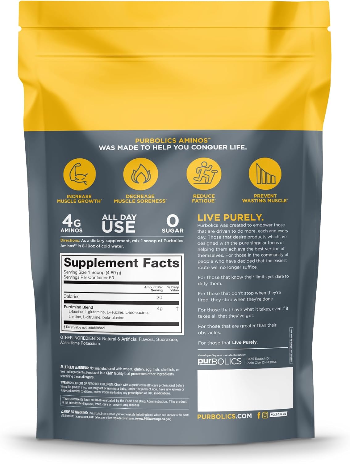 Blue Steele Purbolics Aminos: 4g Free-Form Amino Acids, Beta-Alanine, 0 Sugar, 60 Servings