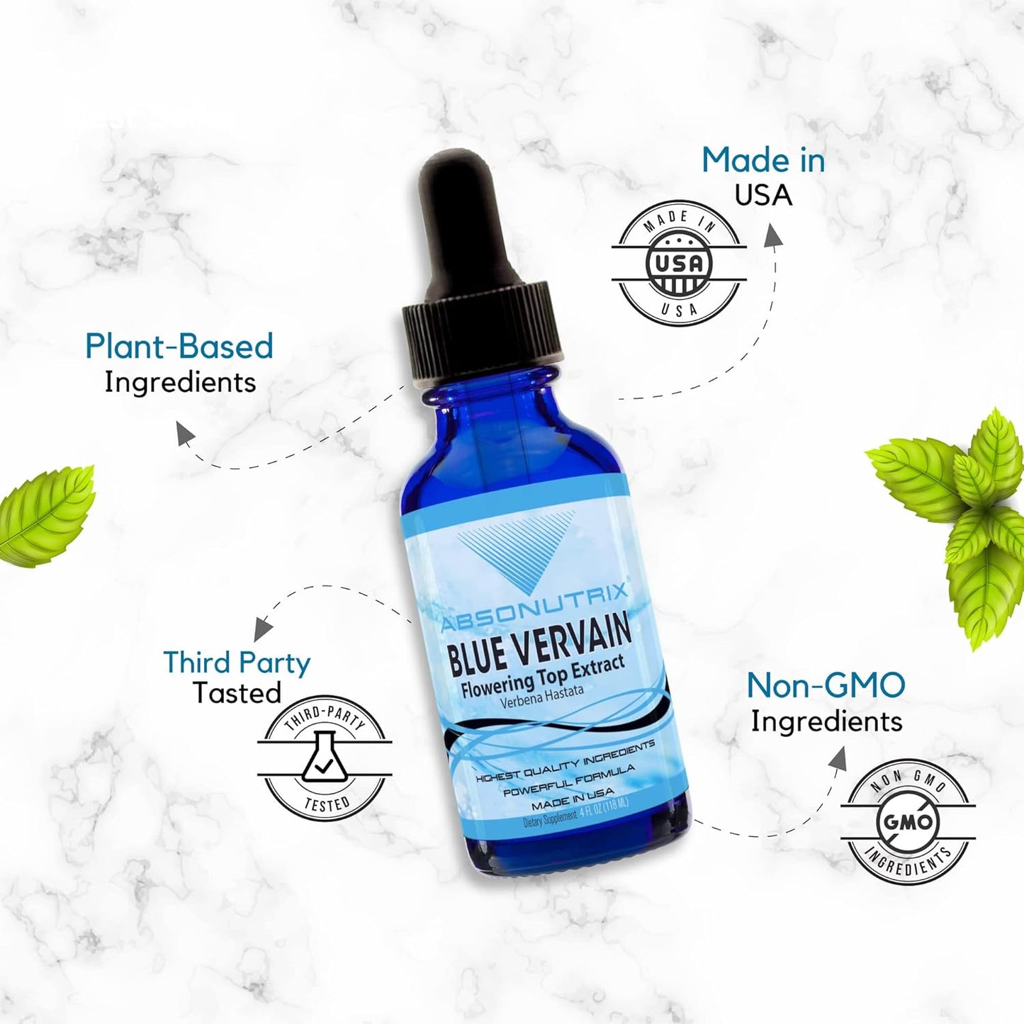 Blue Vervain Flowering Top Extract 650mg - 4oz Bottle (118 Servings) - High Bioavailability - Quick Absorption - Cruelty-Free, Non-GMO - Third-Party Tested - GMP-Certified - Made in USA