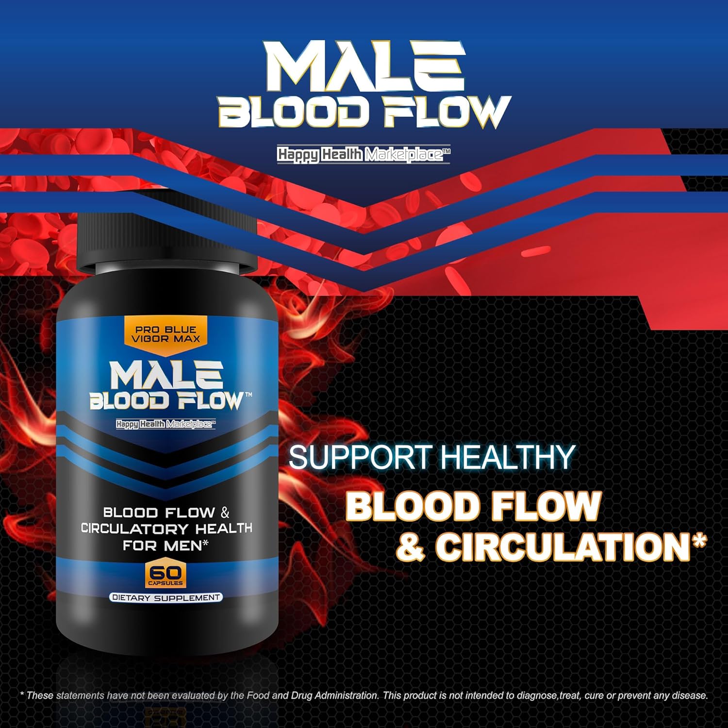 Blue Vigor Max Male Blood Flow Supplement - Best Nitric Oxide Support for Men - Promotes Healthy Blood Circulation
