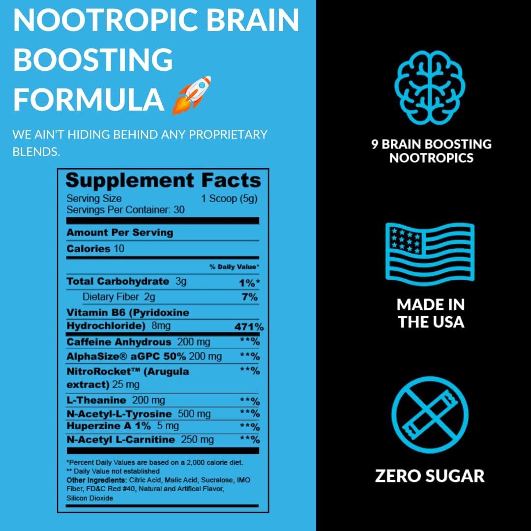 Blue Yum DADORALL Nootropic Powder for Energy and Focus - 200mg Caffeine - No Sugar Focus Energy Drink Mix - 5g Per Scoop - 5.29 Ounces - 30 Servings